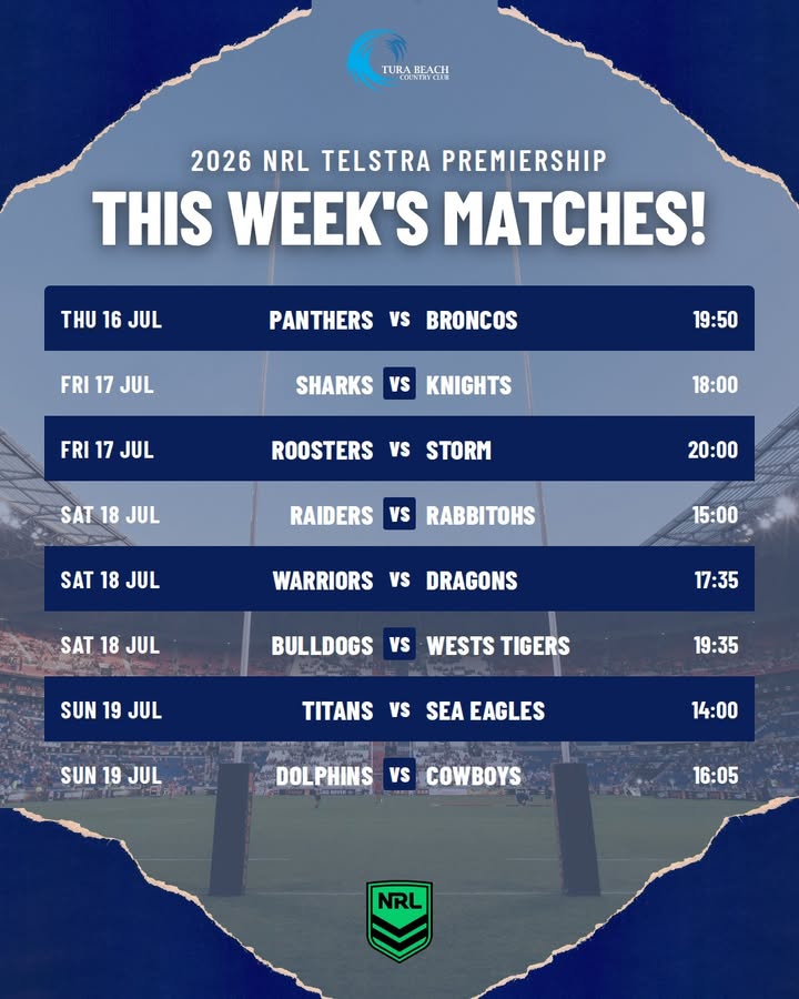 Featured image for “2026 NRL Telstra Premiership This Week’s Matches at Tura Beach Country Club”