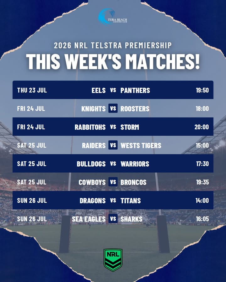 Featured image for “2026 NRL Telstra Premiership This Week’s Matches at Tura Beach Country Club”