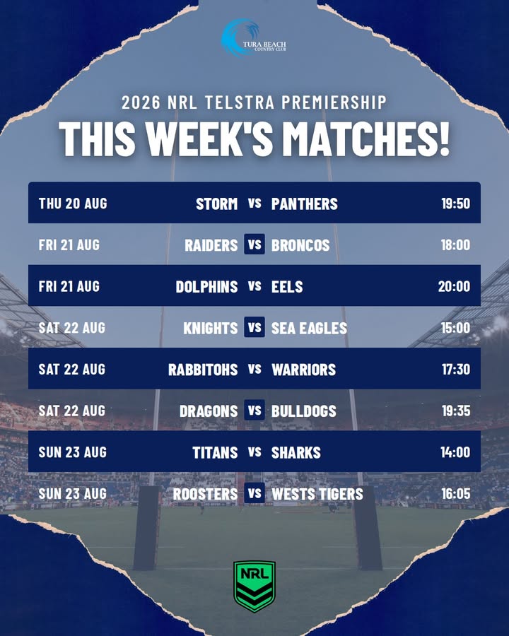 Featured image for “2026 NRL Telstra Premiership This Week’s Matches at Tura Beach Country Club”