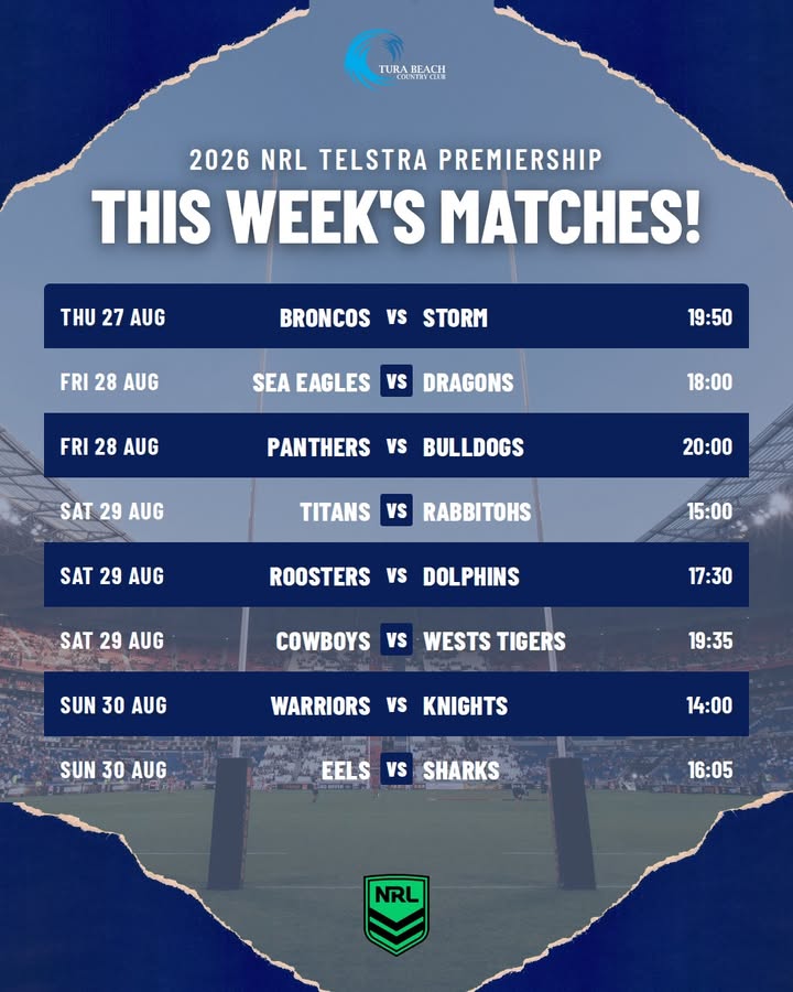Featured image for “2026 NRL Telstra Premiership This Week’s Matches at Tura Beach Country Club”