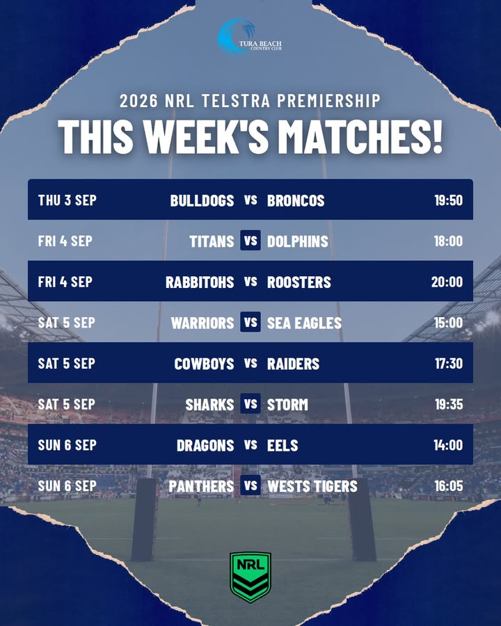 Featured image for “2026 NRL Telstra Premiership This Week’s Matches at Tura Beach Country Club”
